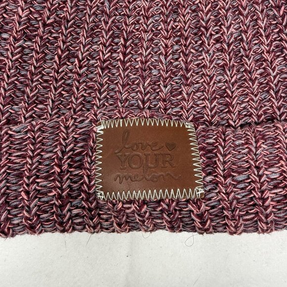 Love Your Melon Knit Beanie Faux Fur Pom Pom 100% Cotton Maroon Black Speckled - Picture 6 of 6